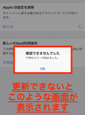 「Apple ID設定を更新」ができていない場合の画面表示