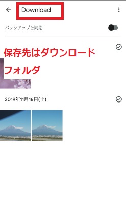保存先はダウンロードフォルダ
